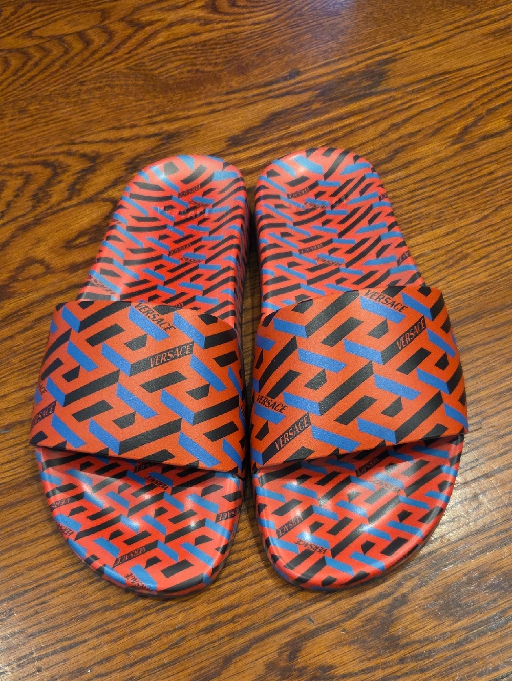 Versace Red and Blue Geometric Logo Pool Slide Sandals